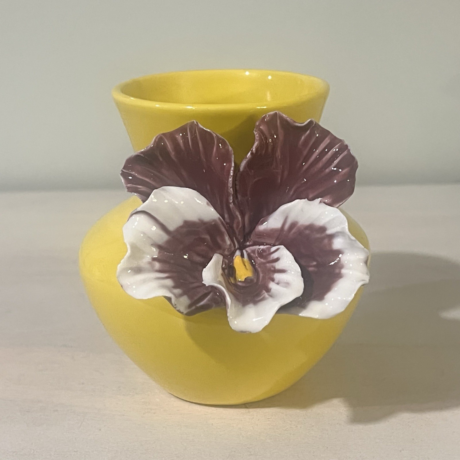 Anthropologie Yellow Pottery Vase w/ Purple Orchid Flower 5”