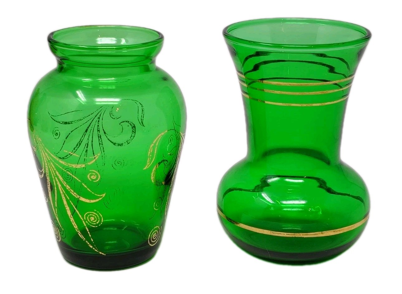 Vintage Emerald Forest Green Glass Bud Vase Hand Painted Gold Detail Mini Set 2