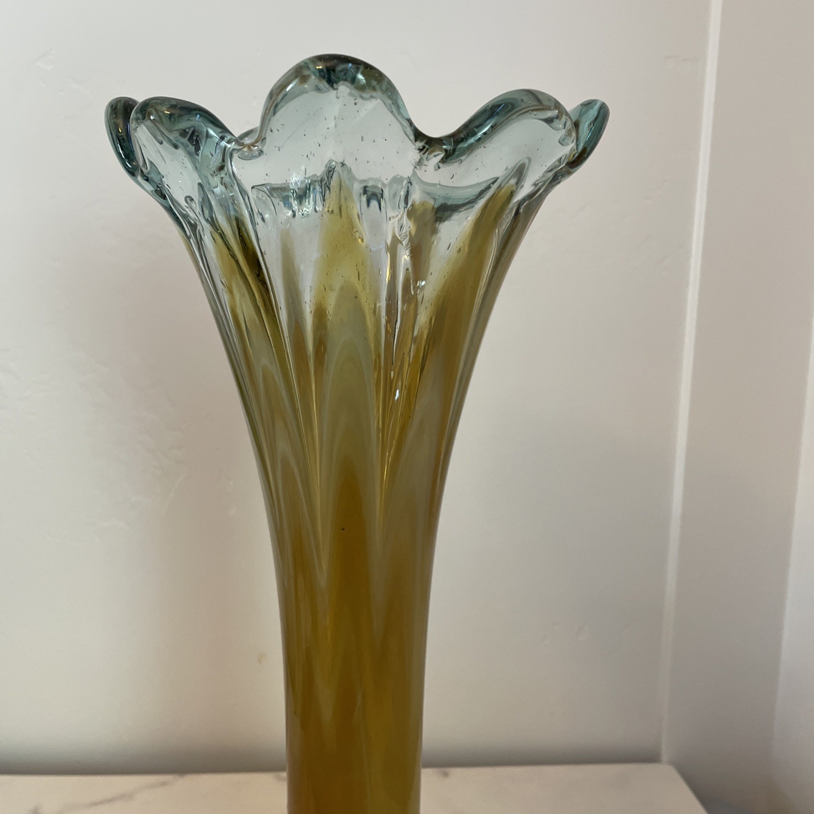 Murano Style Blown Art Glass Vase Venetian Collection Amber Scalloped Top 17″