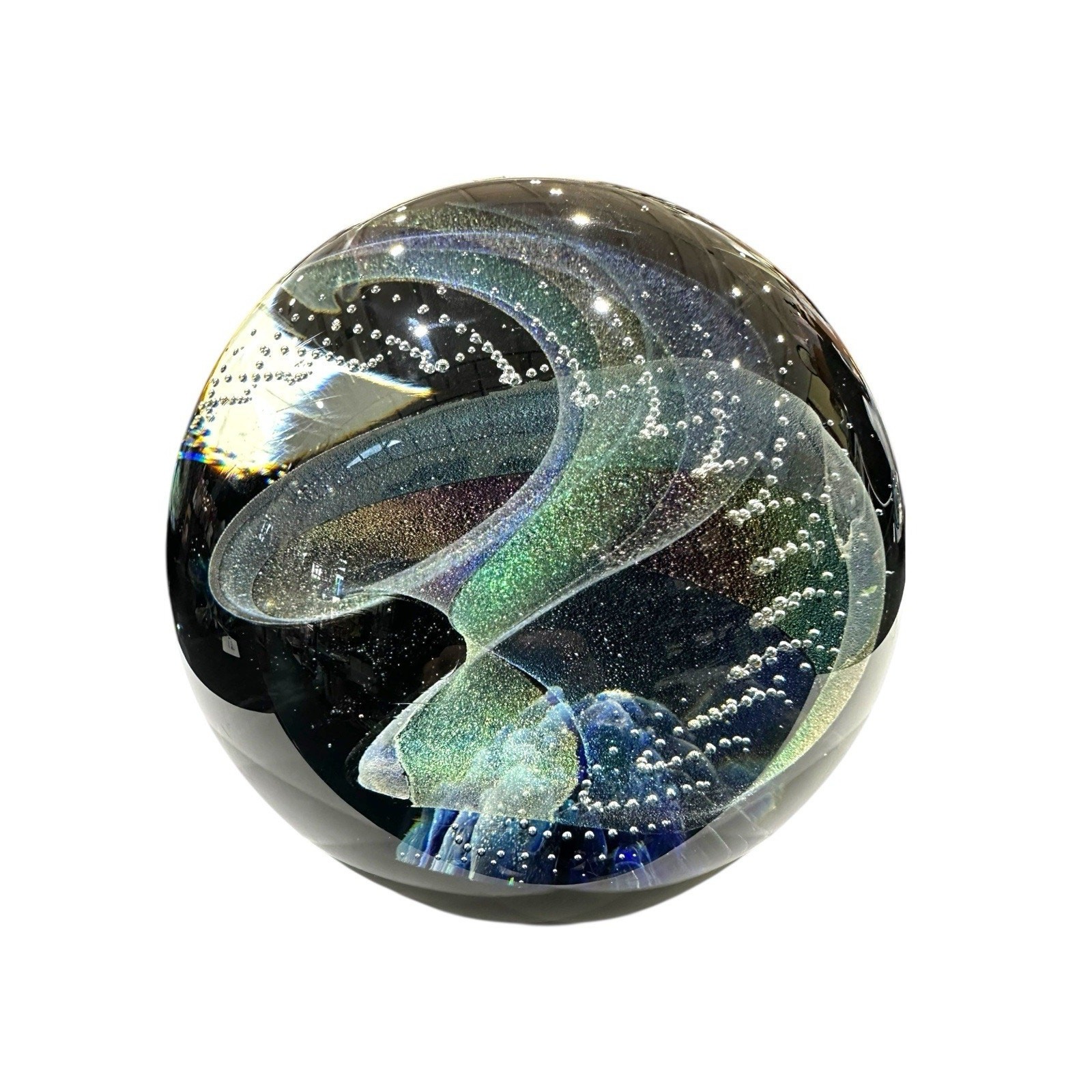 NEW Galaxy Orb 8” Swirls Dichroic Glass World Paperweight Signed Garrelts Glass
