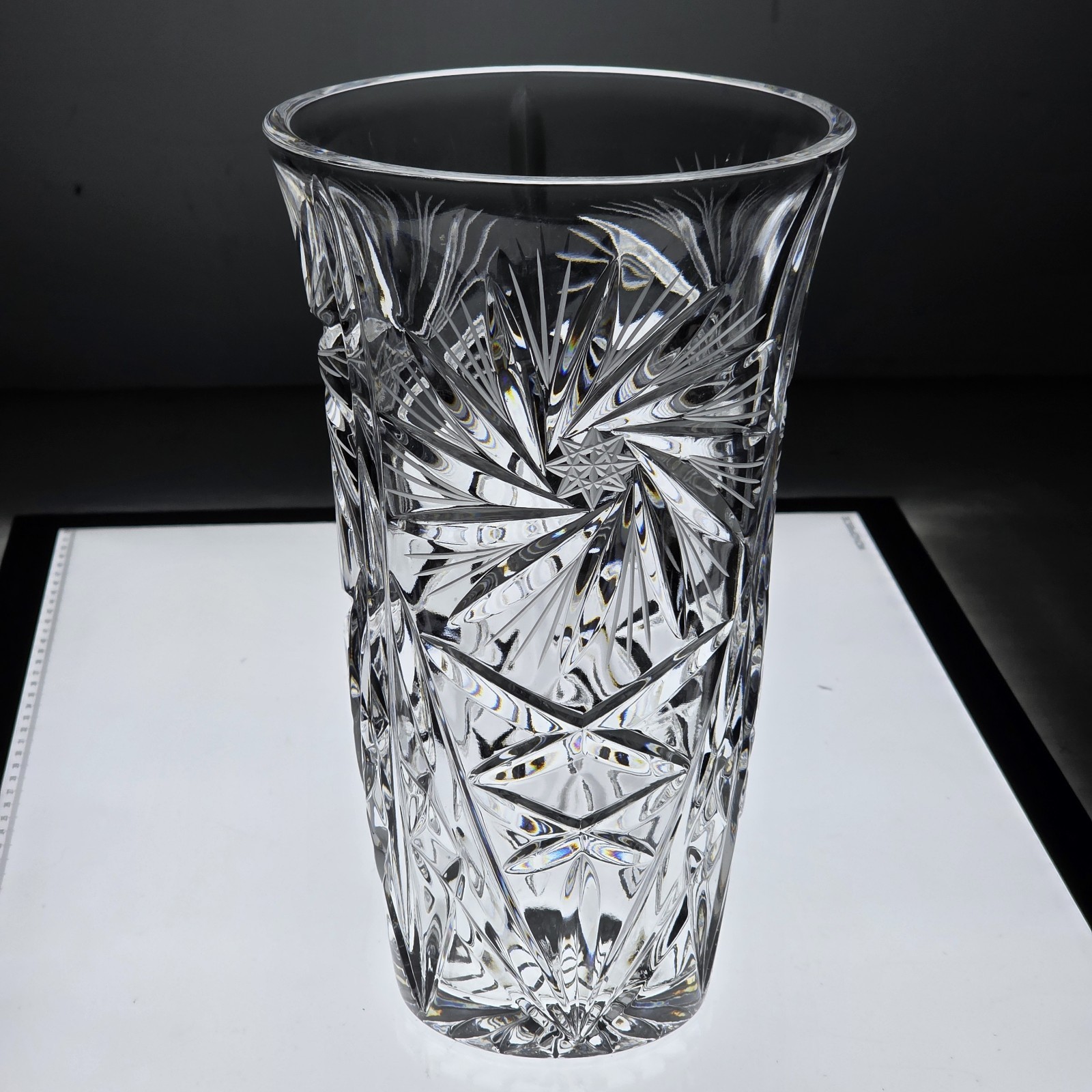 Antique Czech Heavy 5lb Thick Round Crystal Starburst Etched 9-3/4” Glass Vase