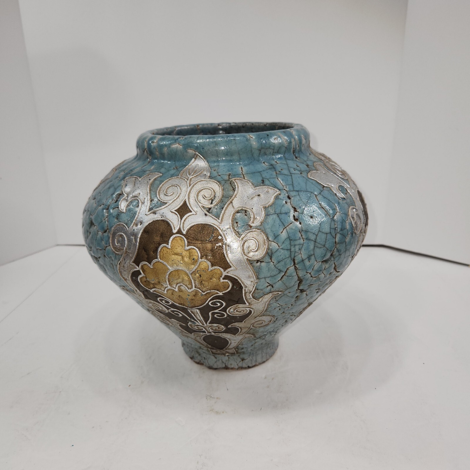 Ornate Egyptian Revival Woven Clay Pottery Vase Pot Unmarked Handcrafted Large