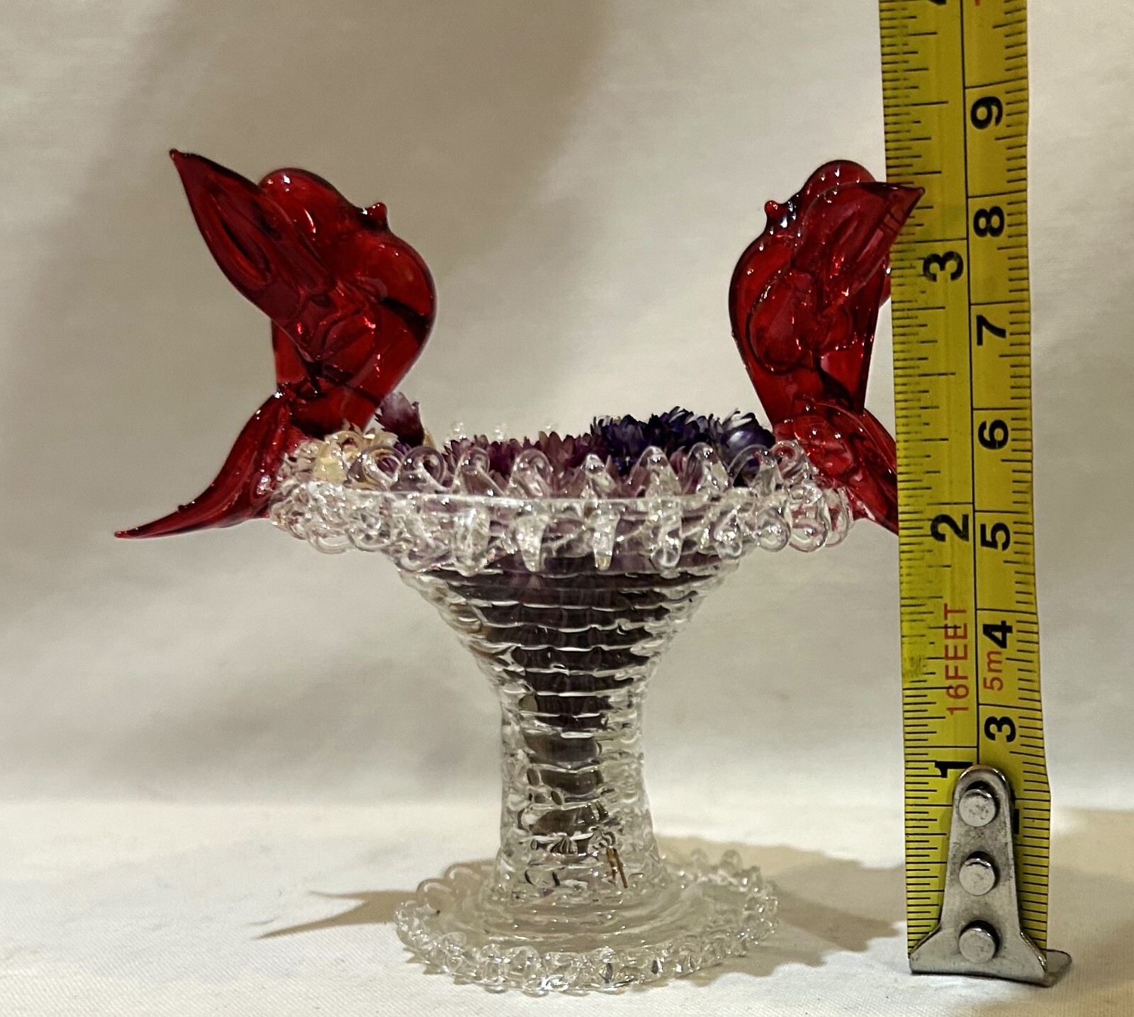 Hand Blown Spun Glass Miniature Bird Bath 3.25″ Two Red Birds Dry Flowers