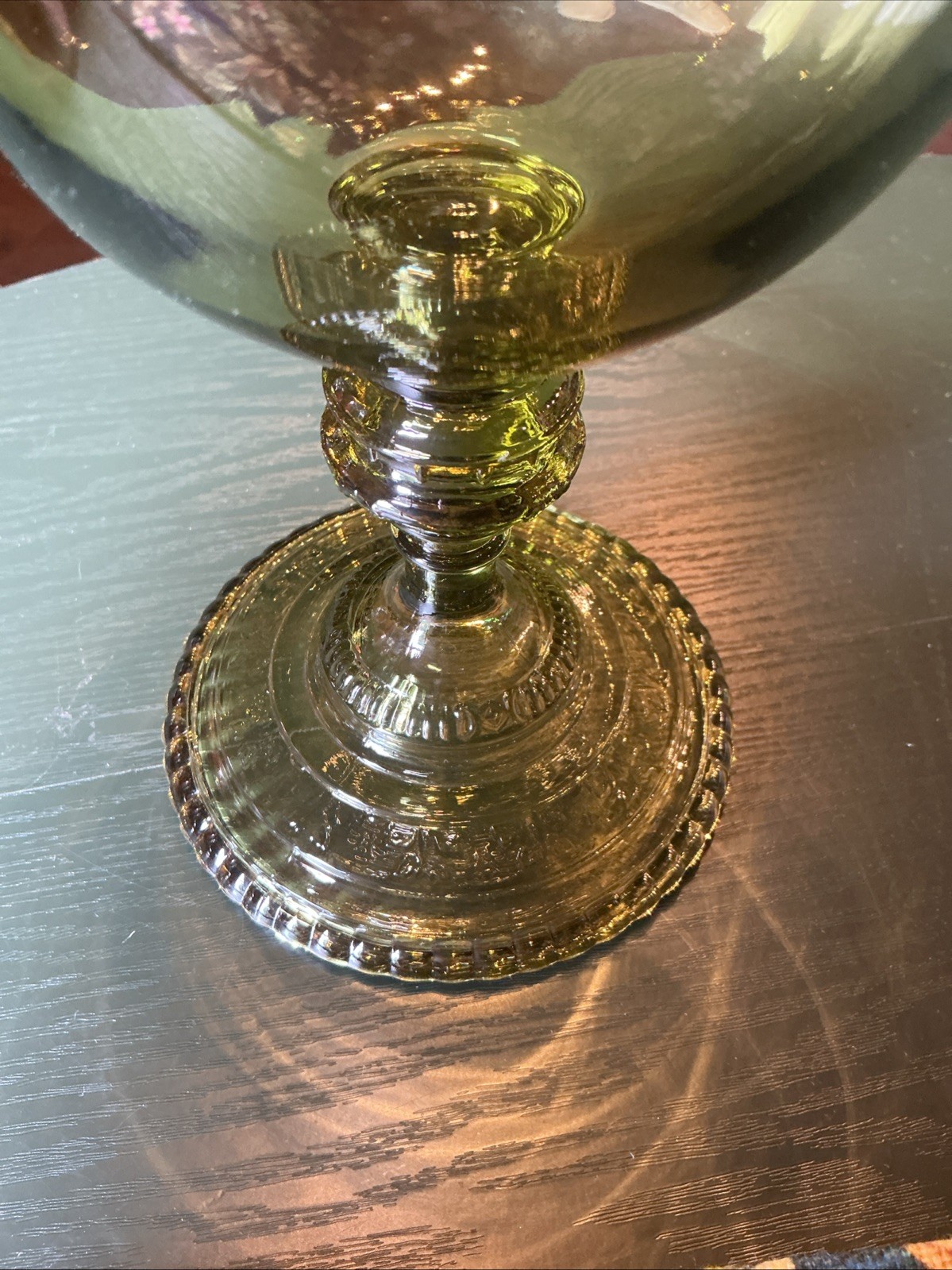 Vintage MCM 11.75” Olive Green Glass Lidded Compote (Empoli?)