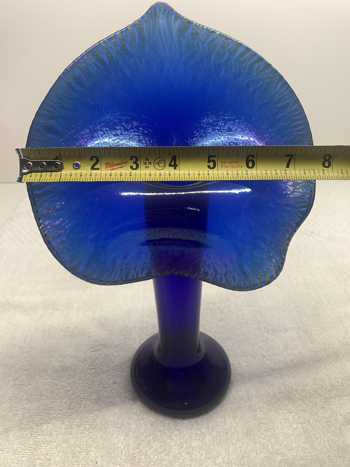 Art Glass Vase Jack In The Pulpit Blue Iridescent Signed Zellique studio Floral