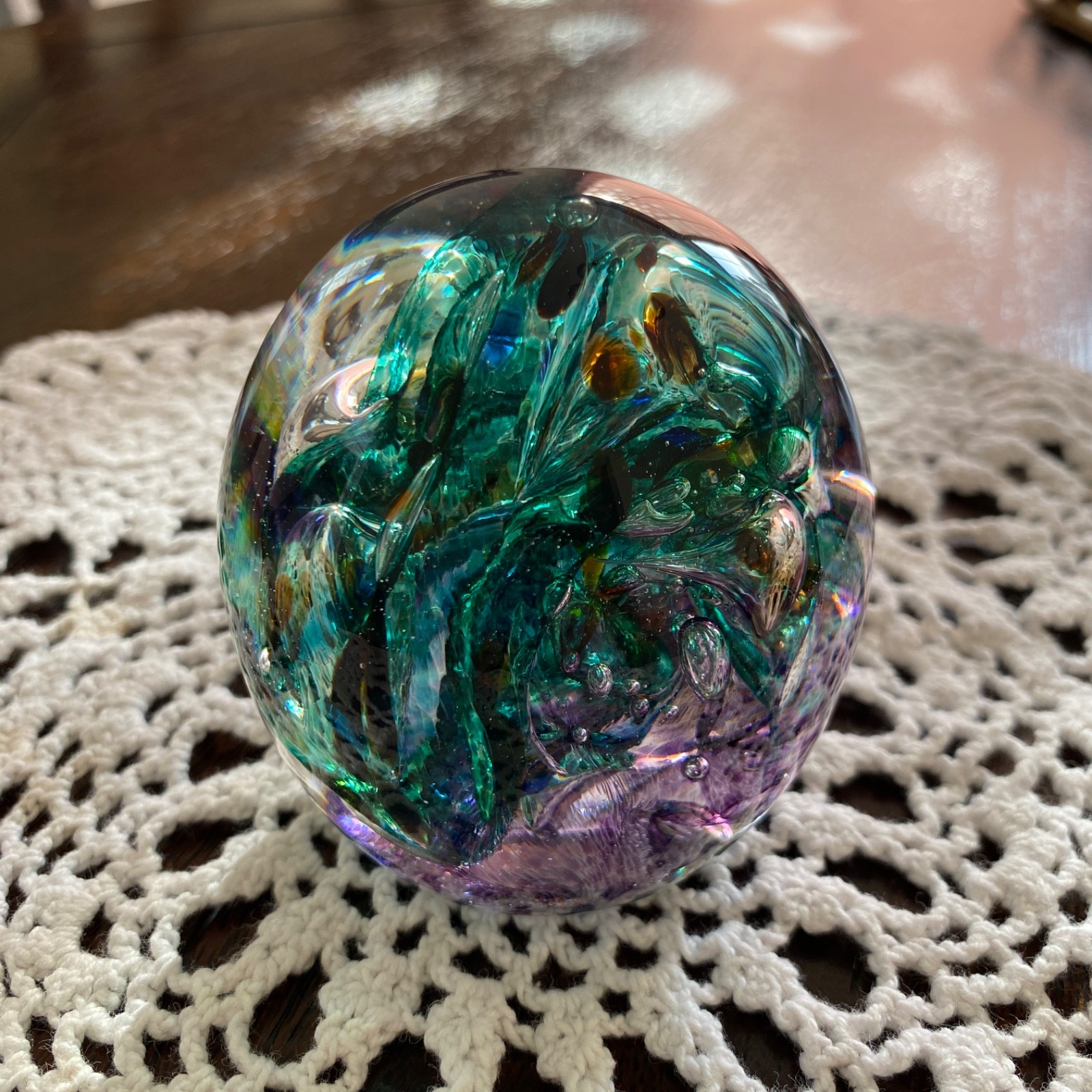 Robert Held Art Glass Paperweight Swirling Jewel Tone Bubbles Signed 3 Inches