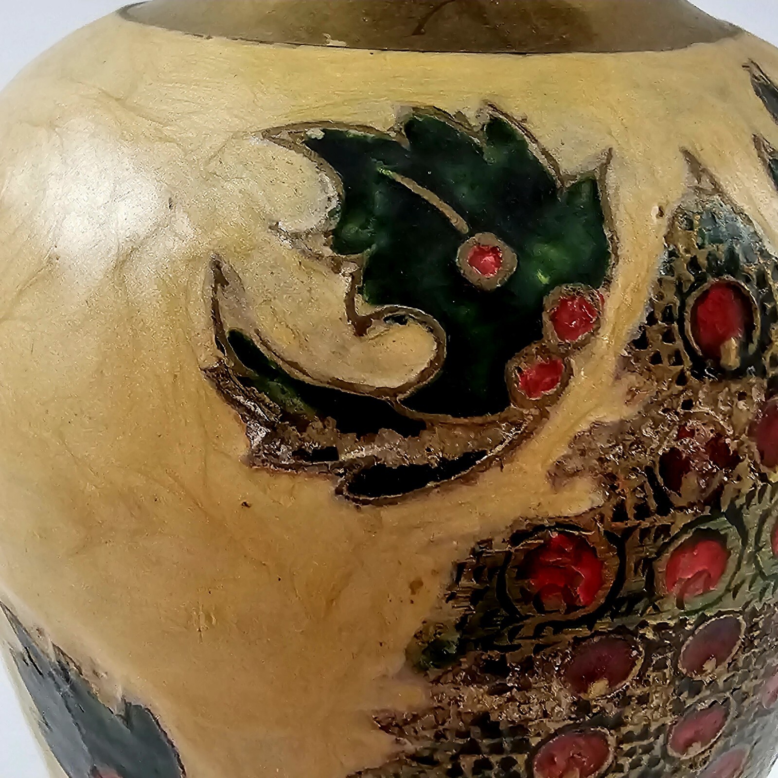 Vintage Cloisonne Christmas Vase Enamel Finish Brass India Holly Tree 8″t