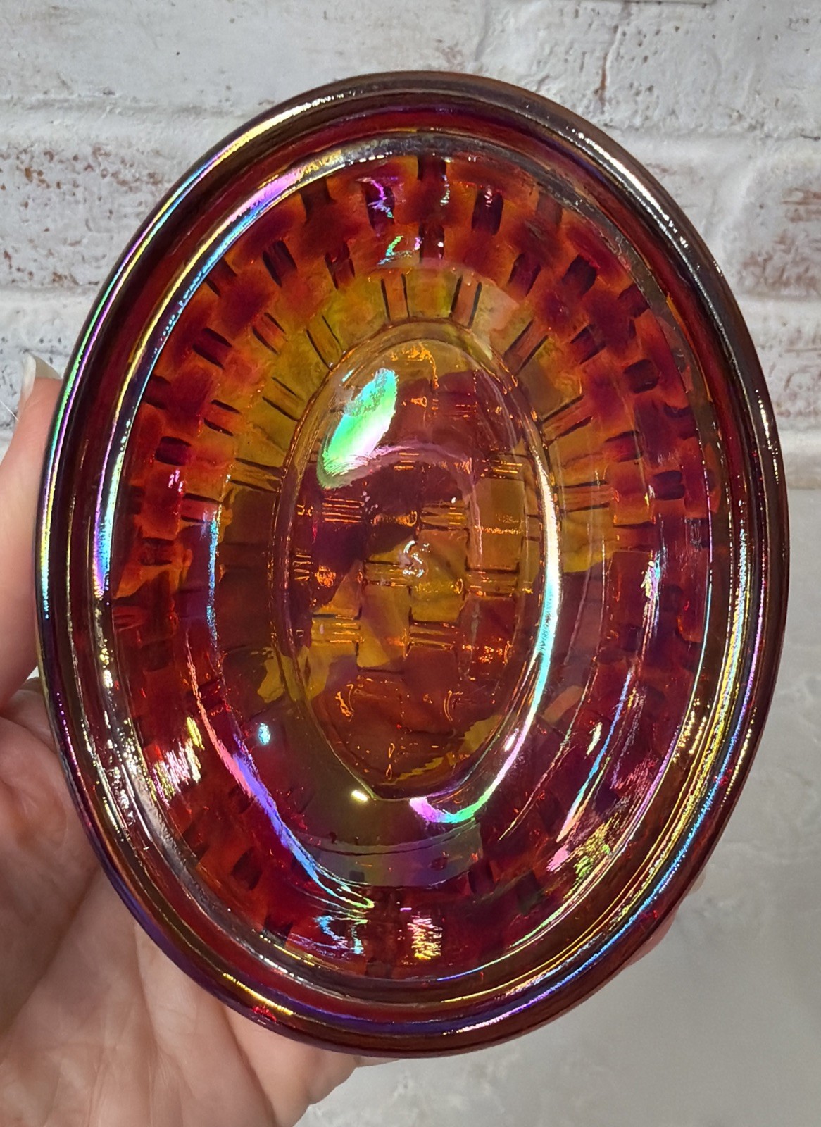 Rare Vintage LE Smith Rabbit Bunny On Nest Cadmium Carnival Glass