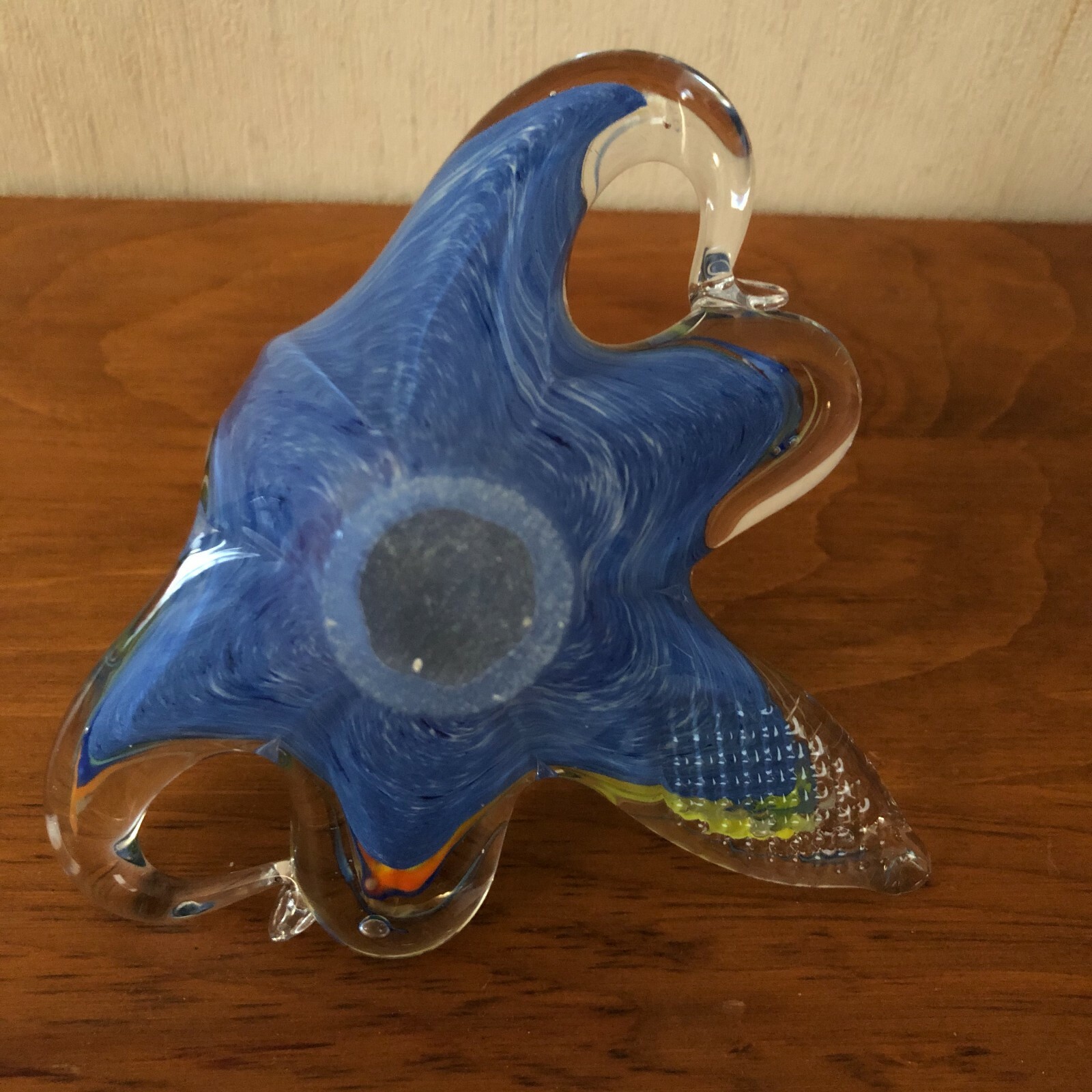 Art Glass Swan Figurine, Blue, Green and Orange Cased in Clear, 4 1/2 x 6 x 5″