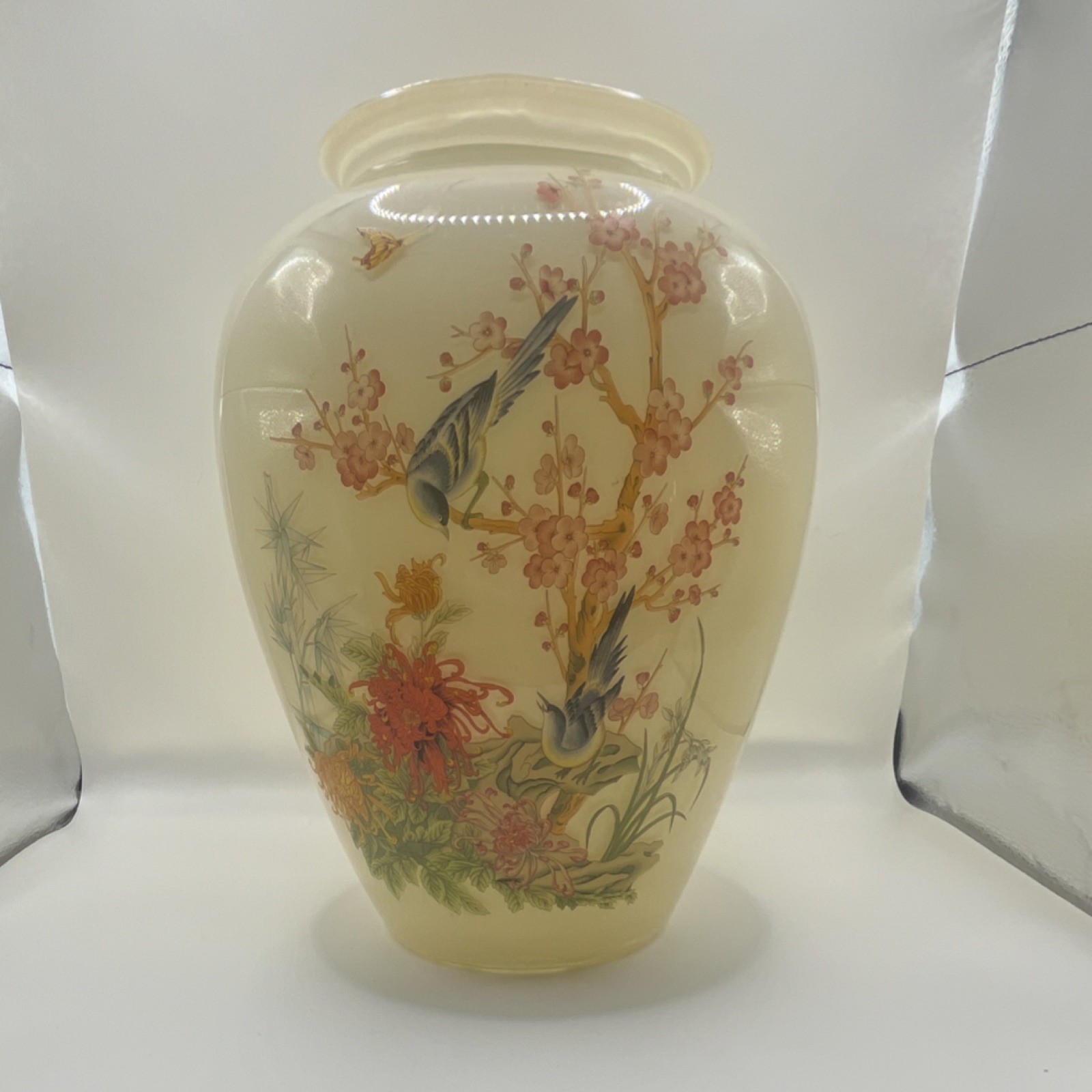 Vintage Asian Porcelain Vase with Bird and Floral Motif