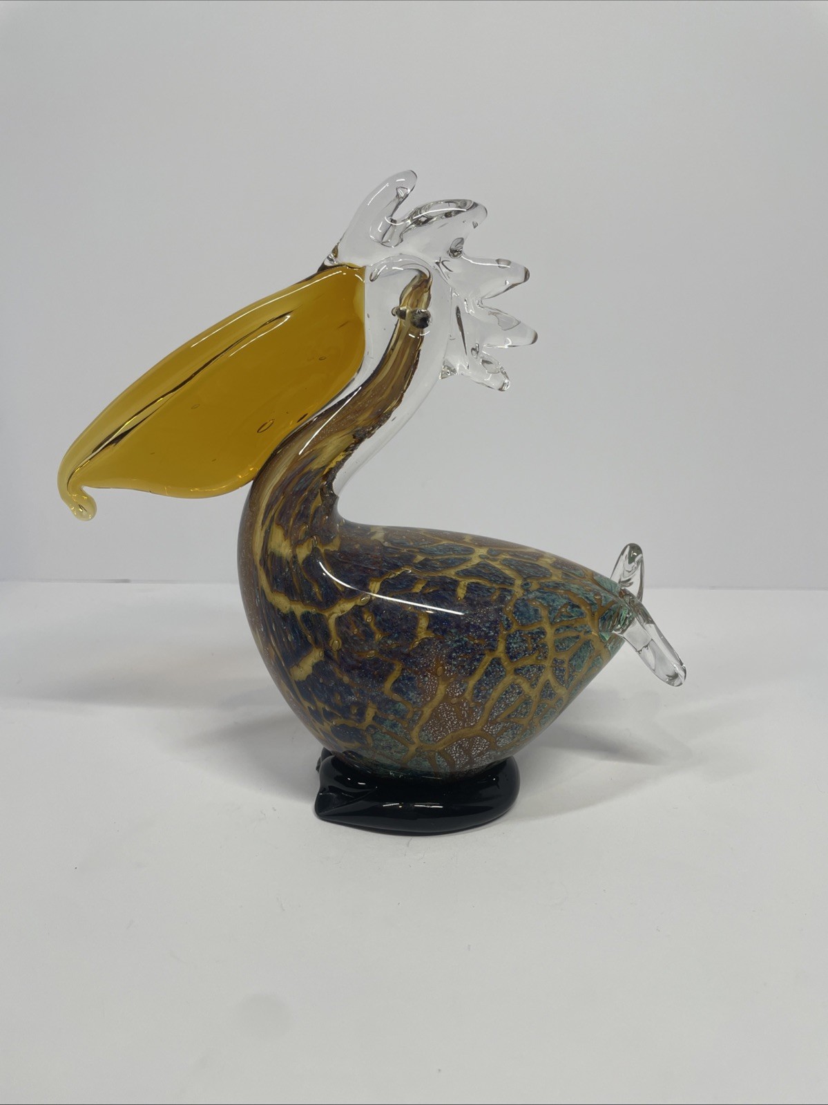 Hand Blown Art Glass Pelican Figurine Amber Beak Black Base Murano Style Bird
