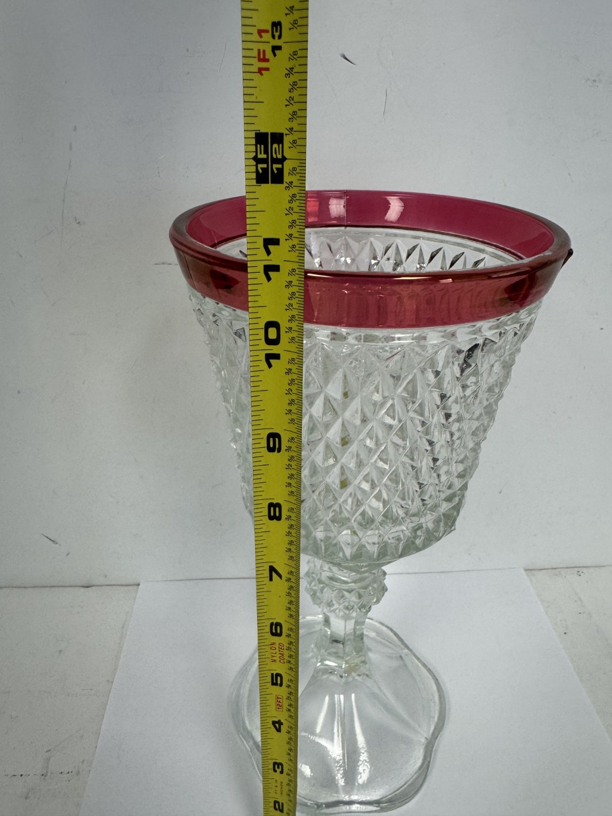 Vtg Indiana Glass Diamond Point Footed Urn/Compote w/Cranberry Flash 11”H 5.5″W