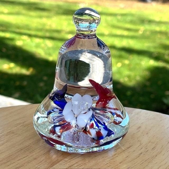 Joe Rice 1993 Glass Paperweight Liberty Bell Red White Blue Floral VTG 3.5 *read