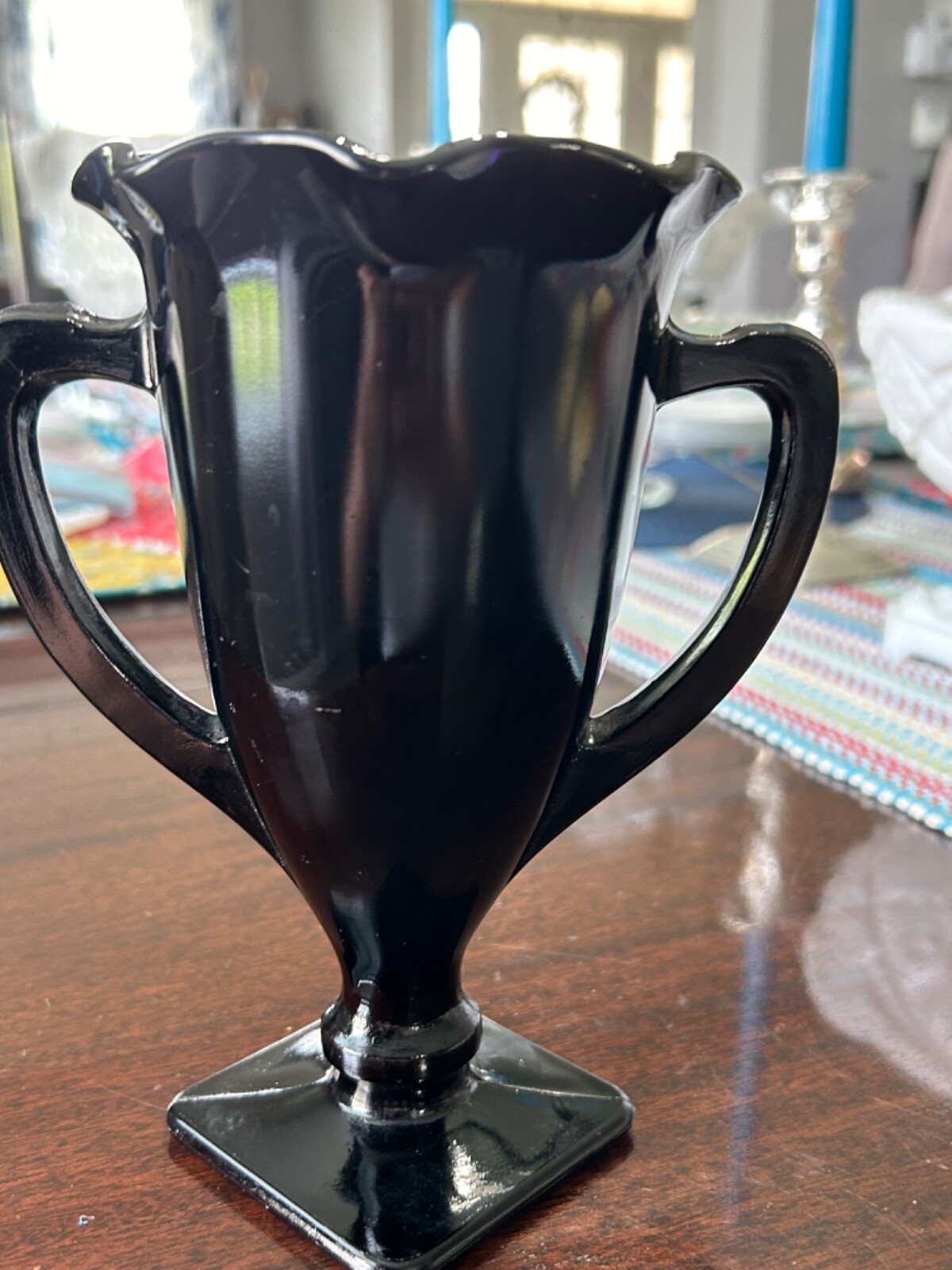 Vintage 1930’s LE Smith Black Amythest Glass Trophy Vase Dancing Nymph App 7 ¼”