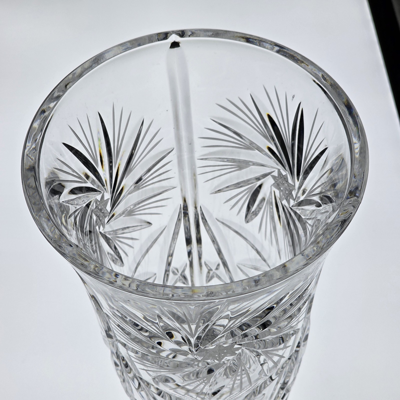 Antique Czech Heavy 5lb Thick Round Crystal Starburst Etched 9-3/4” Glass Vase
