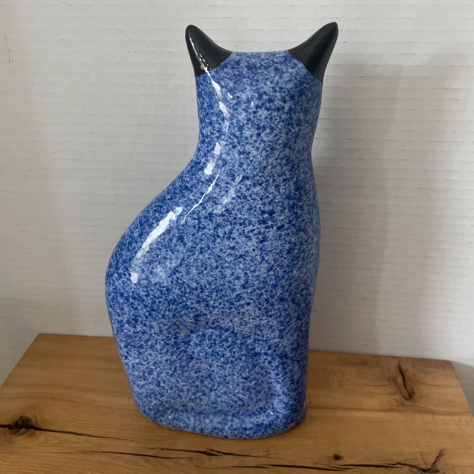 VTG Enesco Ceramic Cat 10”H Cobalt Blue Spongeware Figure Decoration 1980s
