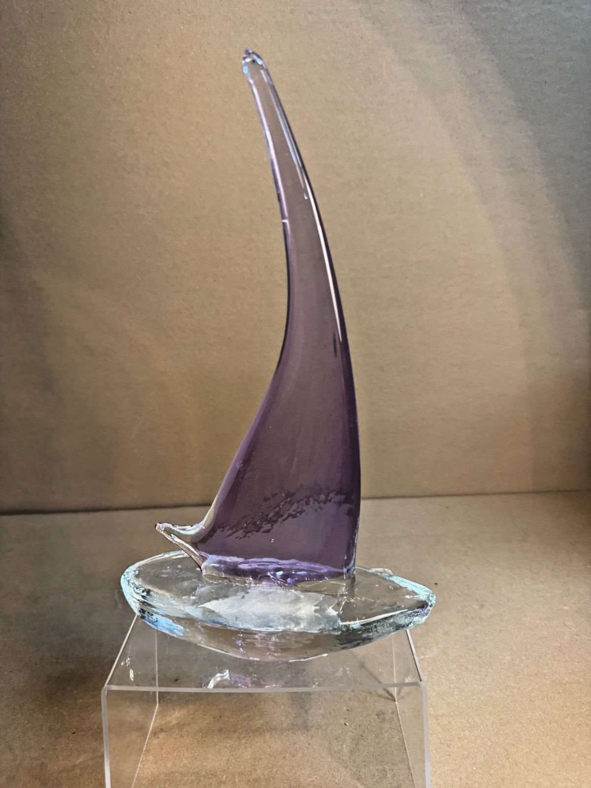 Art Glass Sailboat Sculpture Clear Purple Vintage Ocean Nautical BOATING lake