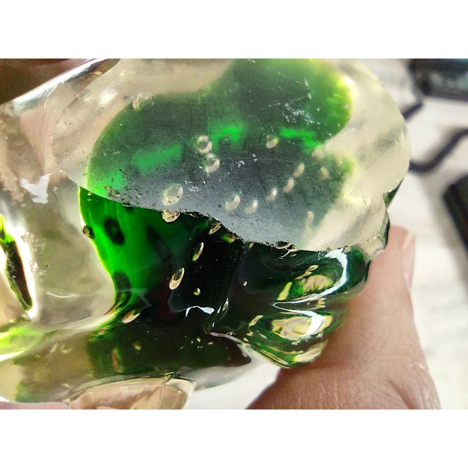 Vintage Controlled Bubble Hand Blown Glass Fish Koi Paperweight Green and Clear