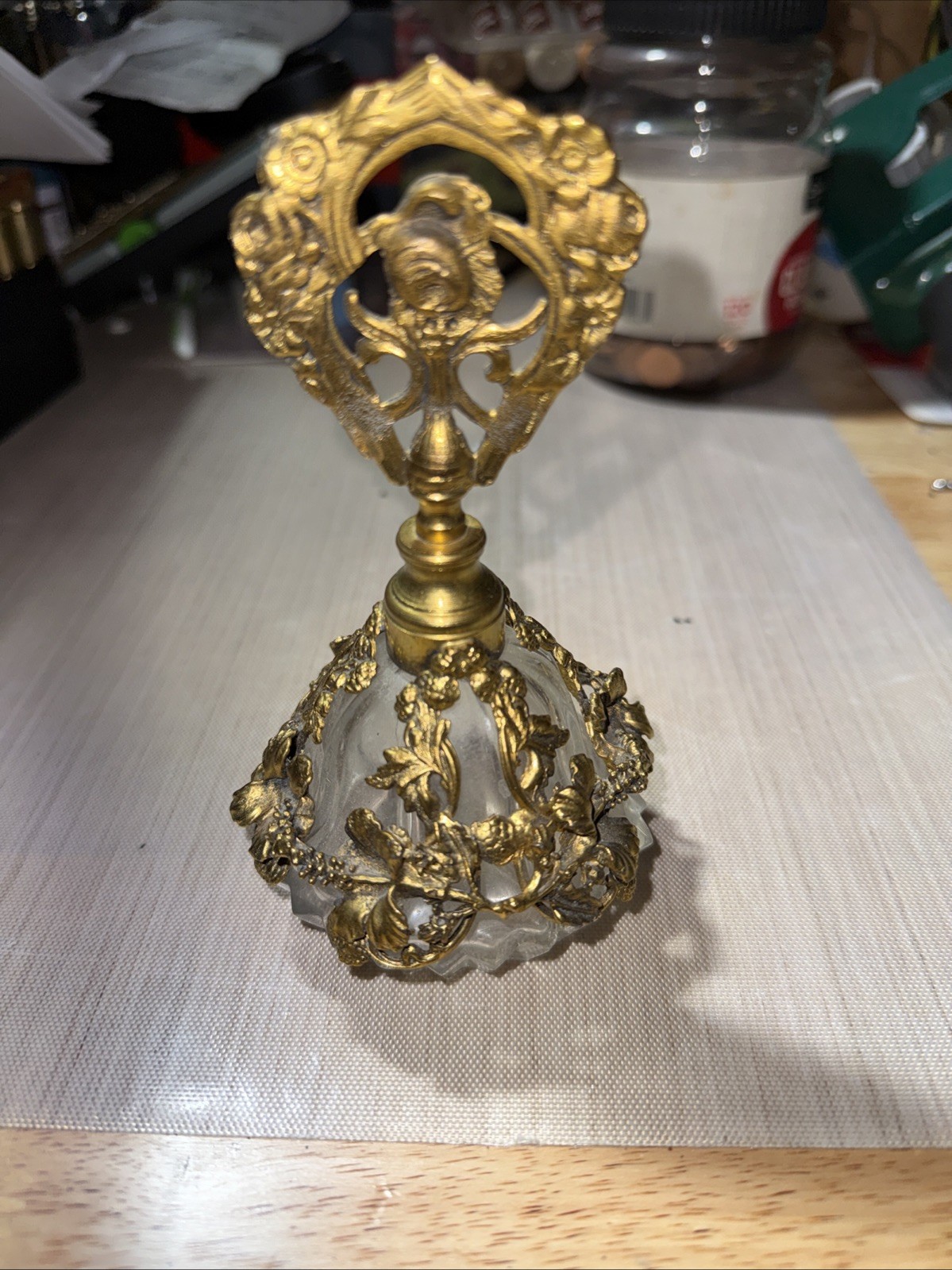 Old Glass Art Nouveau Perfume Bottle Gilt Brass Rose Pierced Stopper Filigree