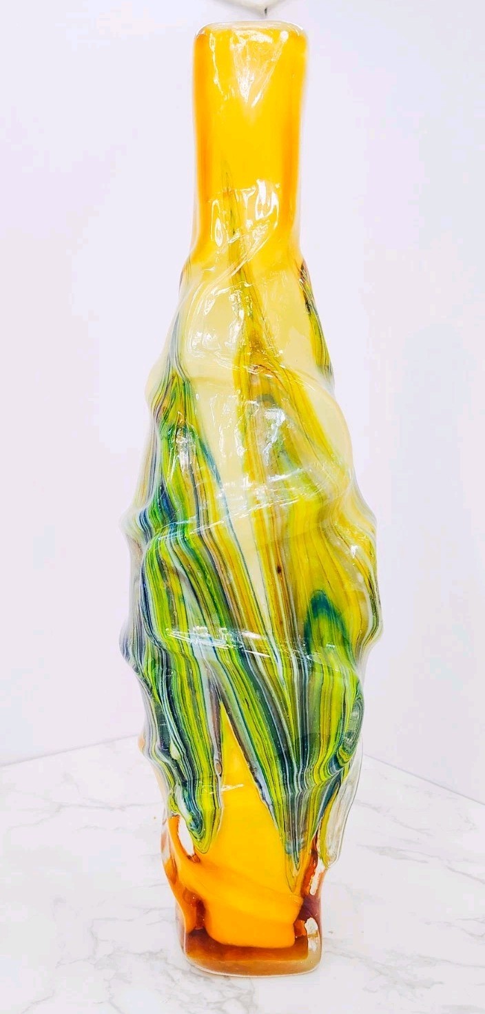 Murano Style Hand Blown Art Glass Vase Sculptural Yellow Free Form 15.5”