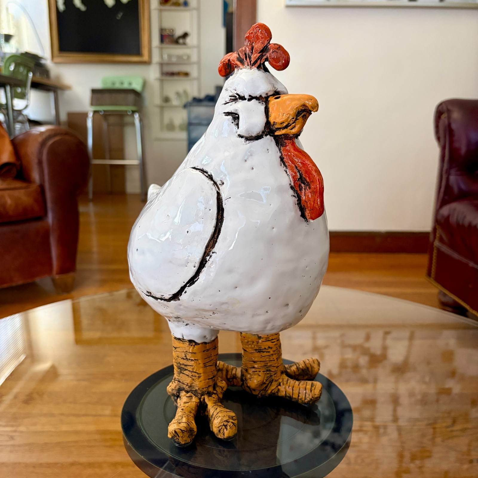 Signed European Studio Pottery Chicken Sculpture 12.5″ Folk Art Ceramic Large