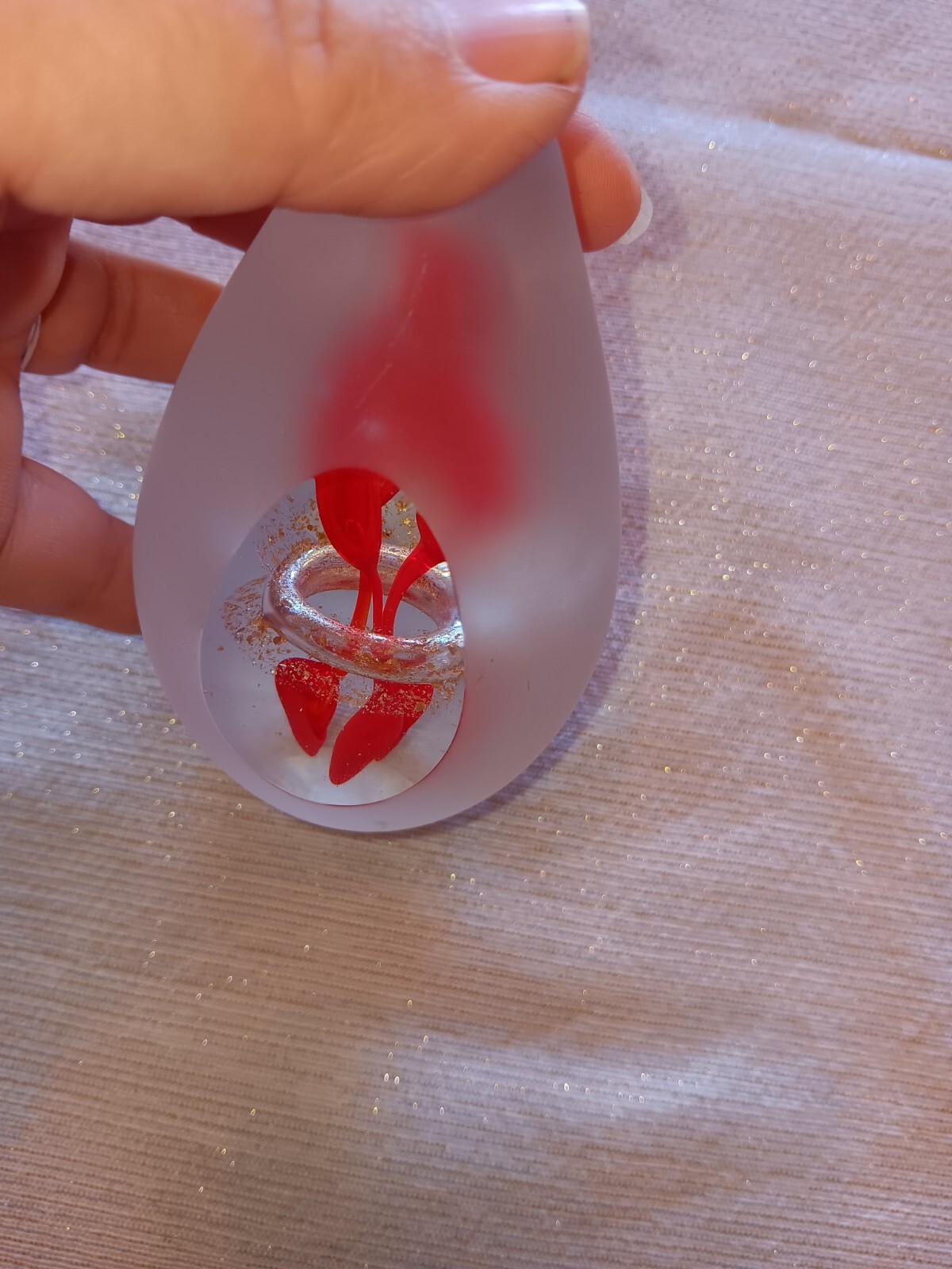 Murano? frosted art glass Vintage Teardrop Red Roses Flames Fire Paper Weight