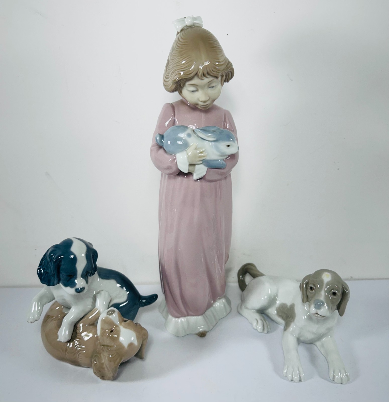 (3) LLADRO / NAO Figures Puppies Playing Hound Dog Girl Rabbit Bunny Spain
