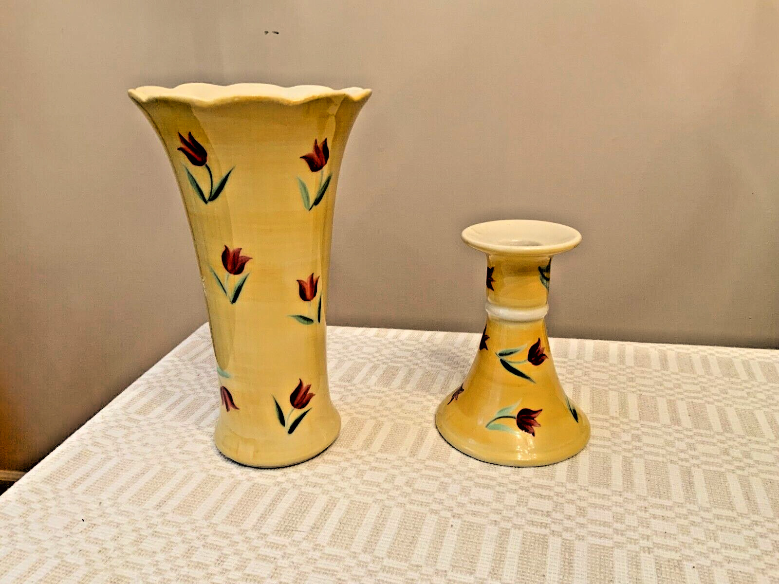 Andrea by Sadek vase & matching candle holder candlestick ceramic tulips painted