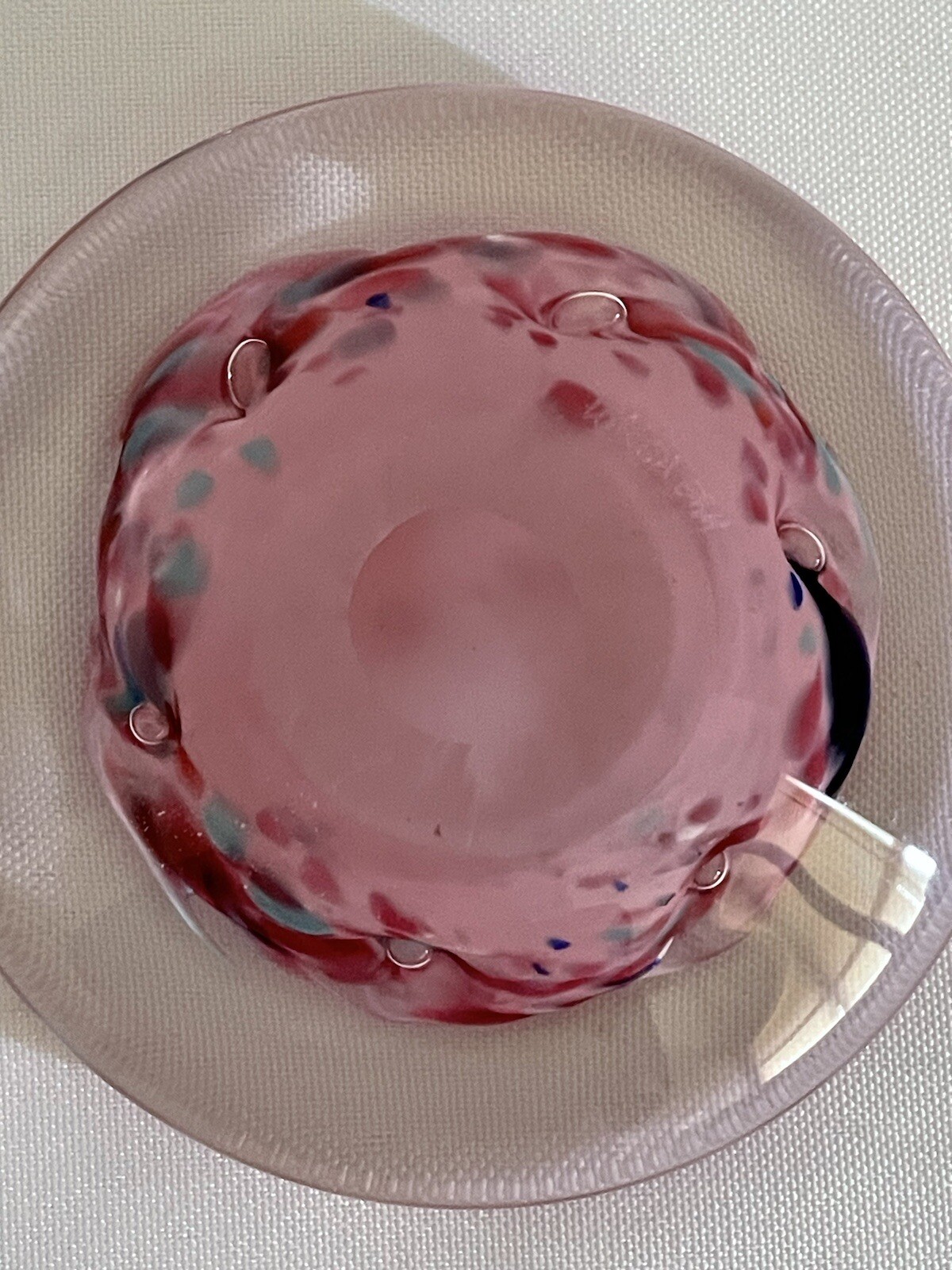 Vintage Pink with Hearts and Bubbles Glass Paperweight 3.25 Inches in Diameter
