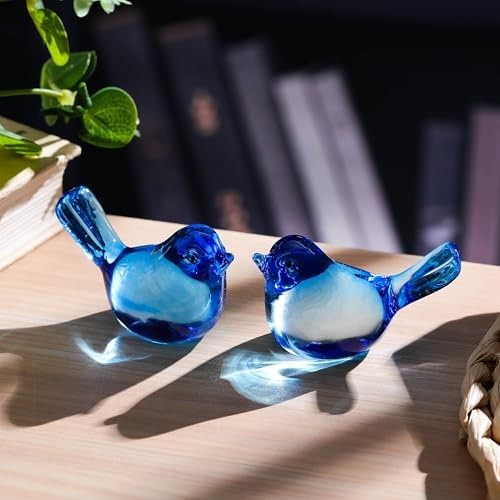 Qianwei 2pcs Blue Glass Birds Figurine Handmade Blown Crystal Home Decor | Cr…