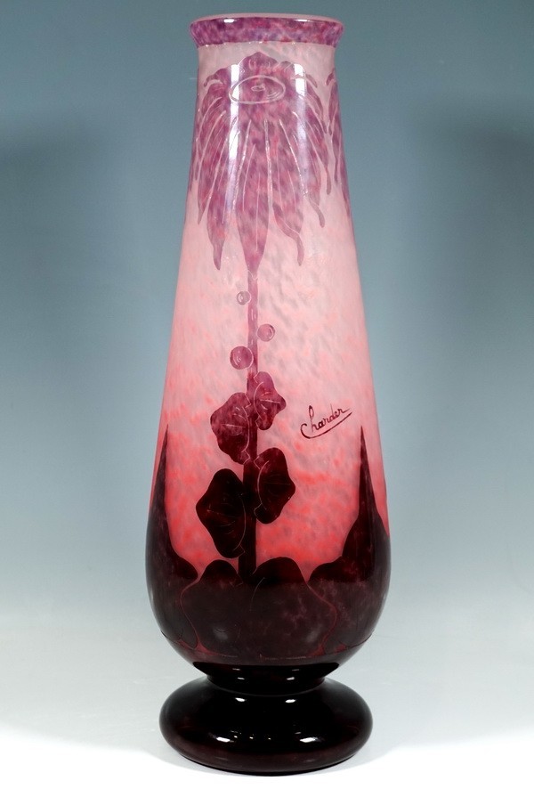CHARLES SCHNEIDER Art Deco Cameo Glass Vase Dahlias 48.5 CM H