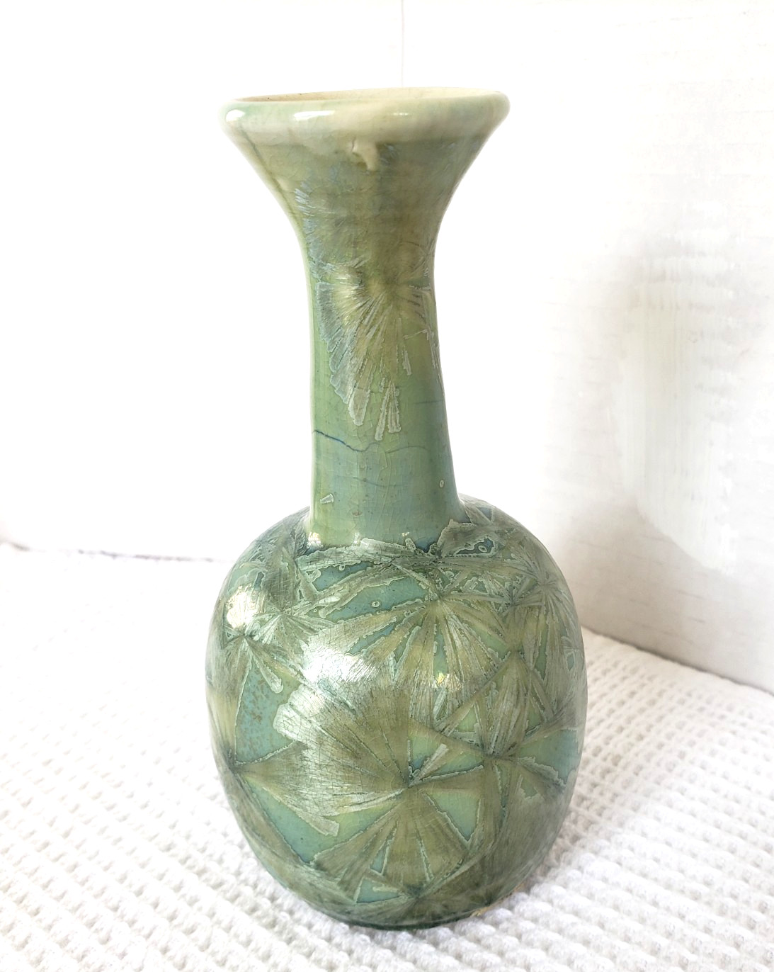Vintage Signed Green Blue Crystalline Art Pottery Vase 6″ tall