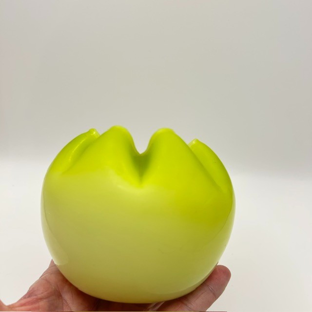 Vintage Yellow/Green Satin Blown Glass Round Bowl Vase