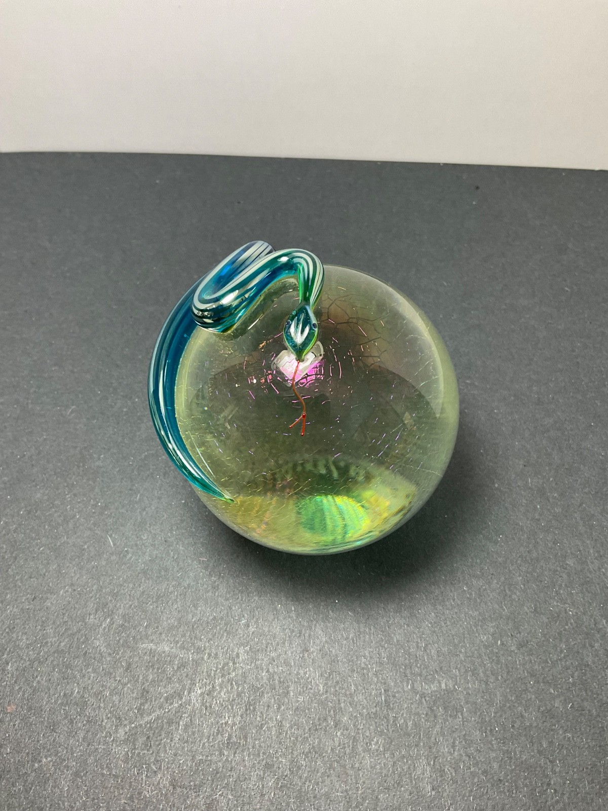 3” Correia 1989 signed art glass crystal & aqua 3-D snake paperweight