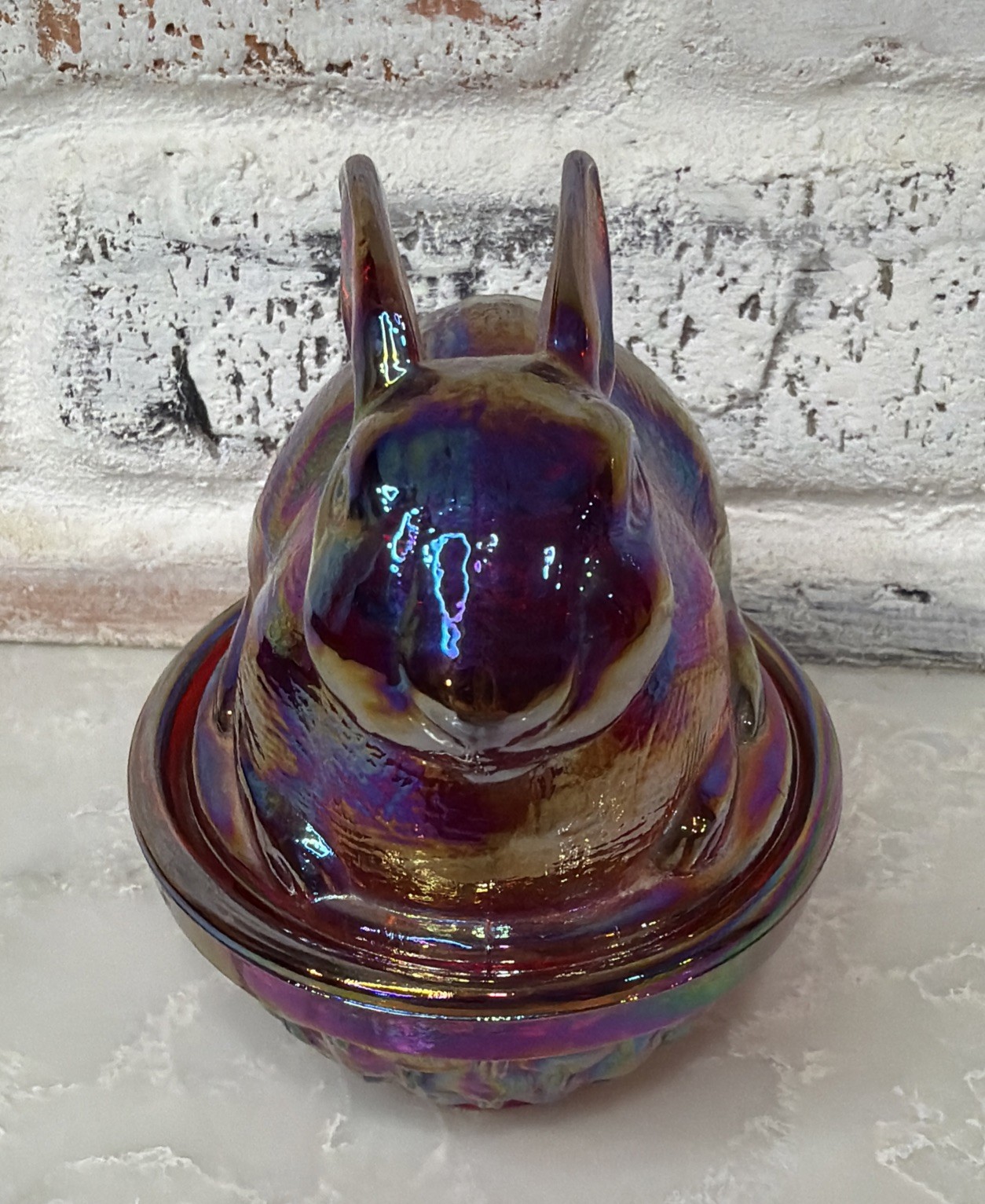 Rare Vintage LE Smith Rabbit Bunny On Nest Cadmium Carnival Glass