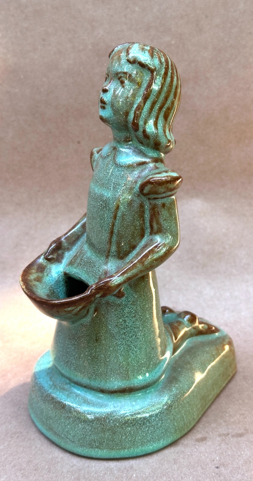 Rare Vintage MCM NICODEMUS ART POTTERY Green Ferro Stone Flower Girl