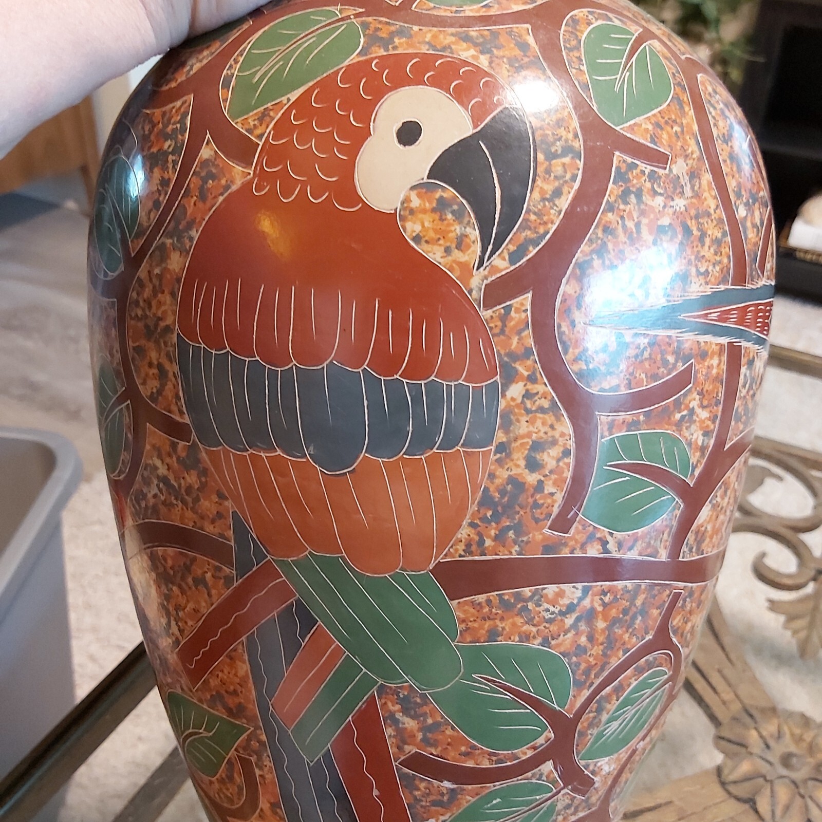 Vintage Handmade Clay Vase Decorated with Parrots And Trees READ