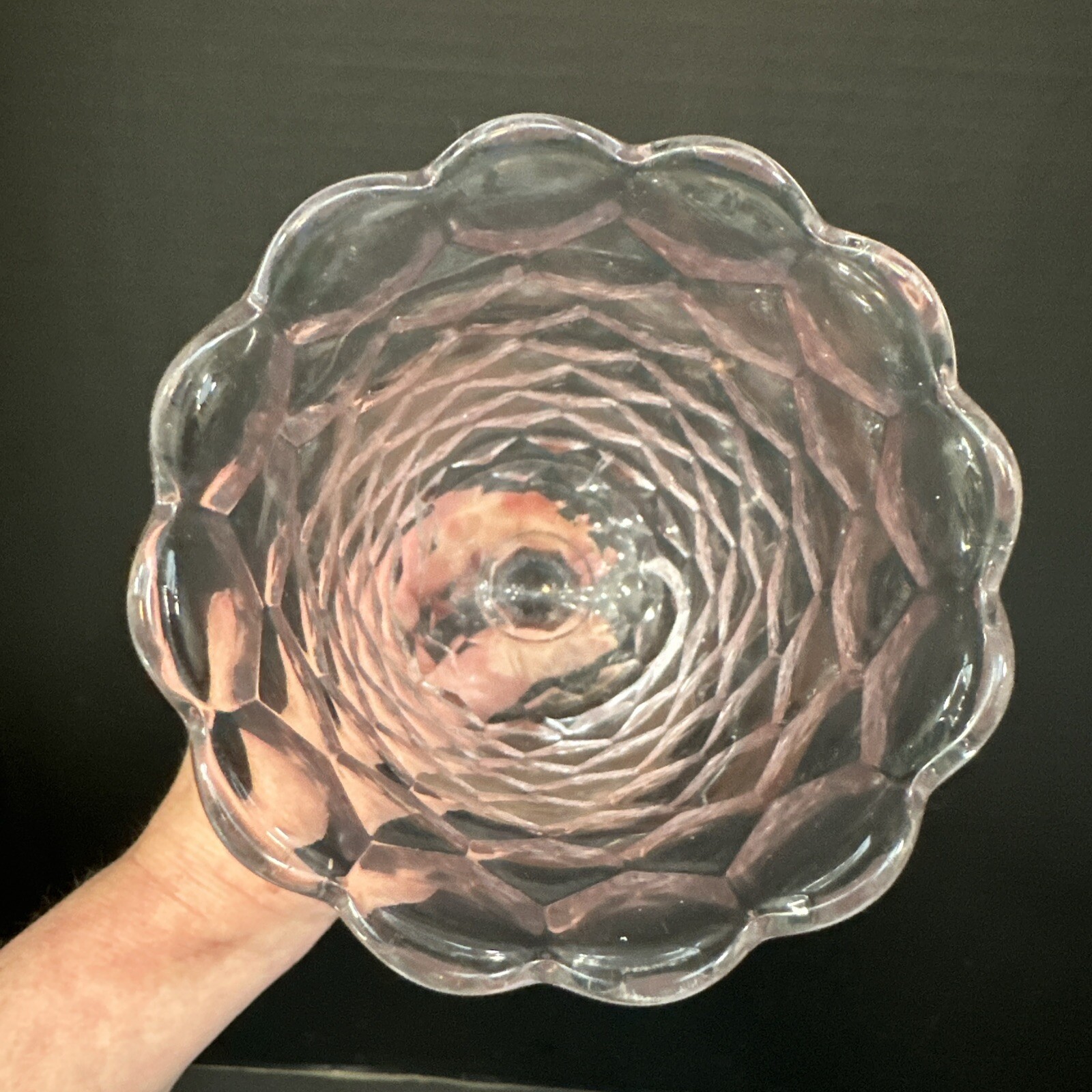 EAPG Victorian Honeycomb Clear Manganese Glow Celery Vase 8.5” With Defect