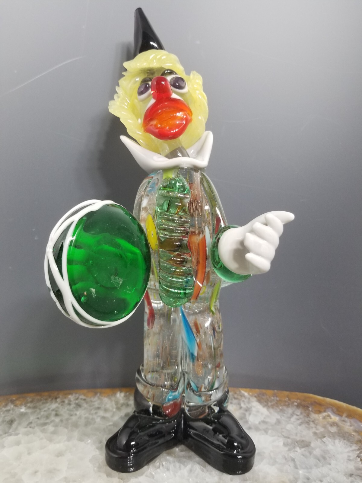 Vintage Murano Art Glass Clown * Green Tambourine * Aventurine * 10 1/4″