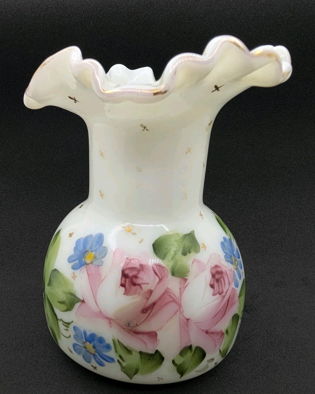 Fenton Vase Milk Glass Art Gold Star Charleton Roses Ruffled c1940-1959 5.5″
