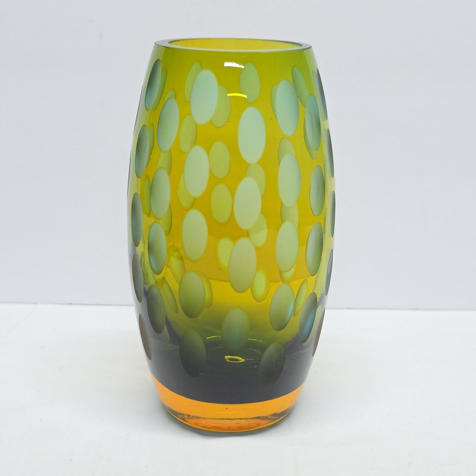 Vintage MCM Abstract Art Glass Vase Green & Amber Frosted Thumbprint