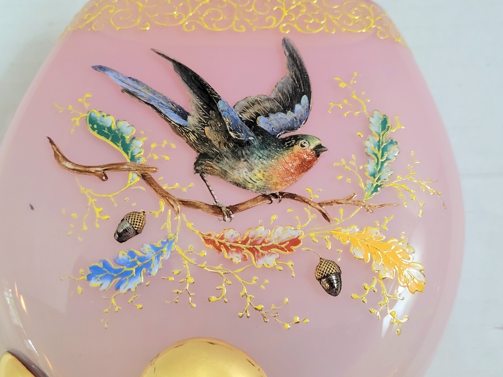 MOSER Victorian Glass Pillow Vase Pink & Gold Enamel Painted Bird & Accorns Rare