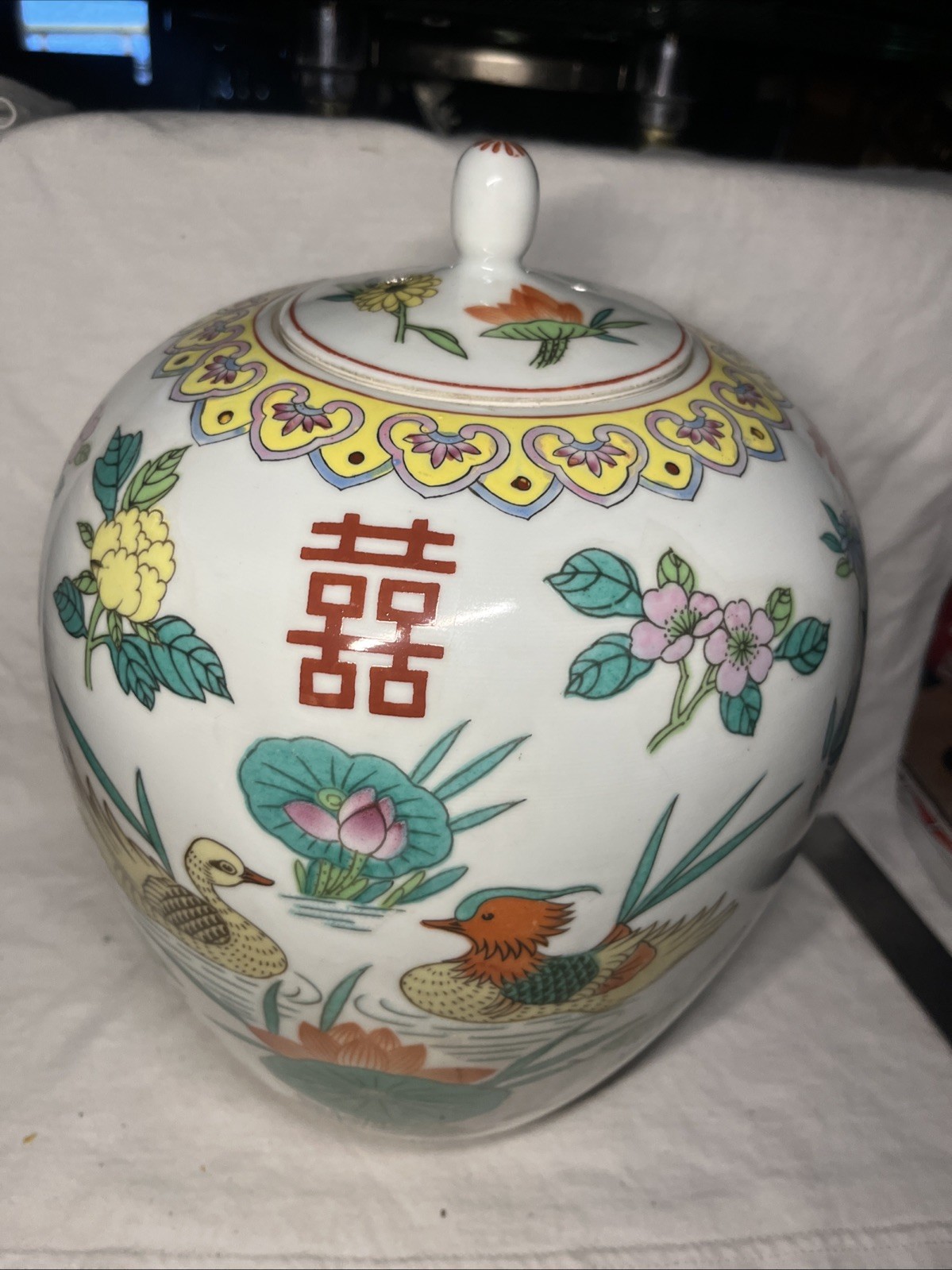 Vintge Asian Hand Painted Gingr Jar – Multi-Colored Flowers & Ducks 11″H x 8″W