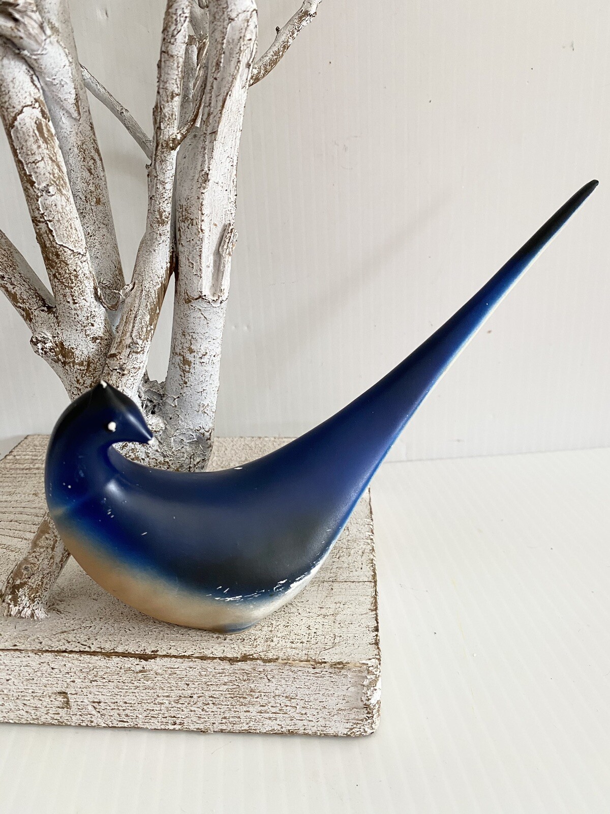 Mid Century Modern Bird Figurine Art Deco Ceramic Norleans Japan Blue Long Tail