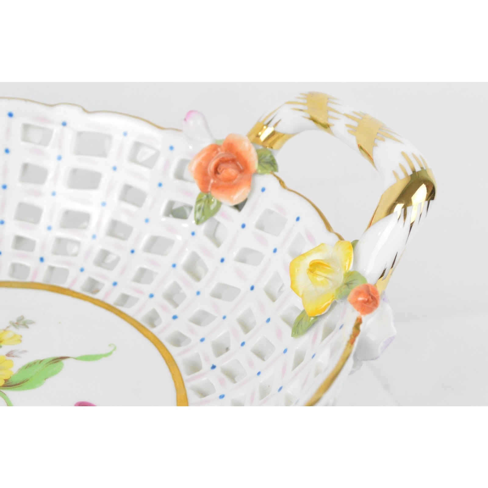 KPM Reticulated Porcelain Basket Bowl Stand Weave Design Multicolored Floral