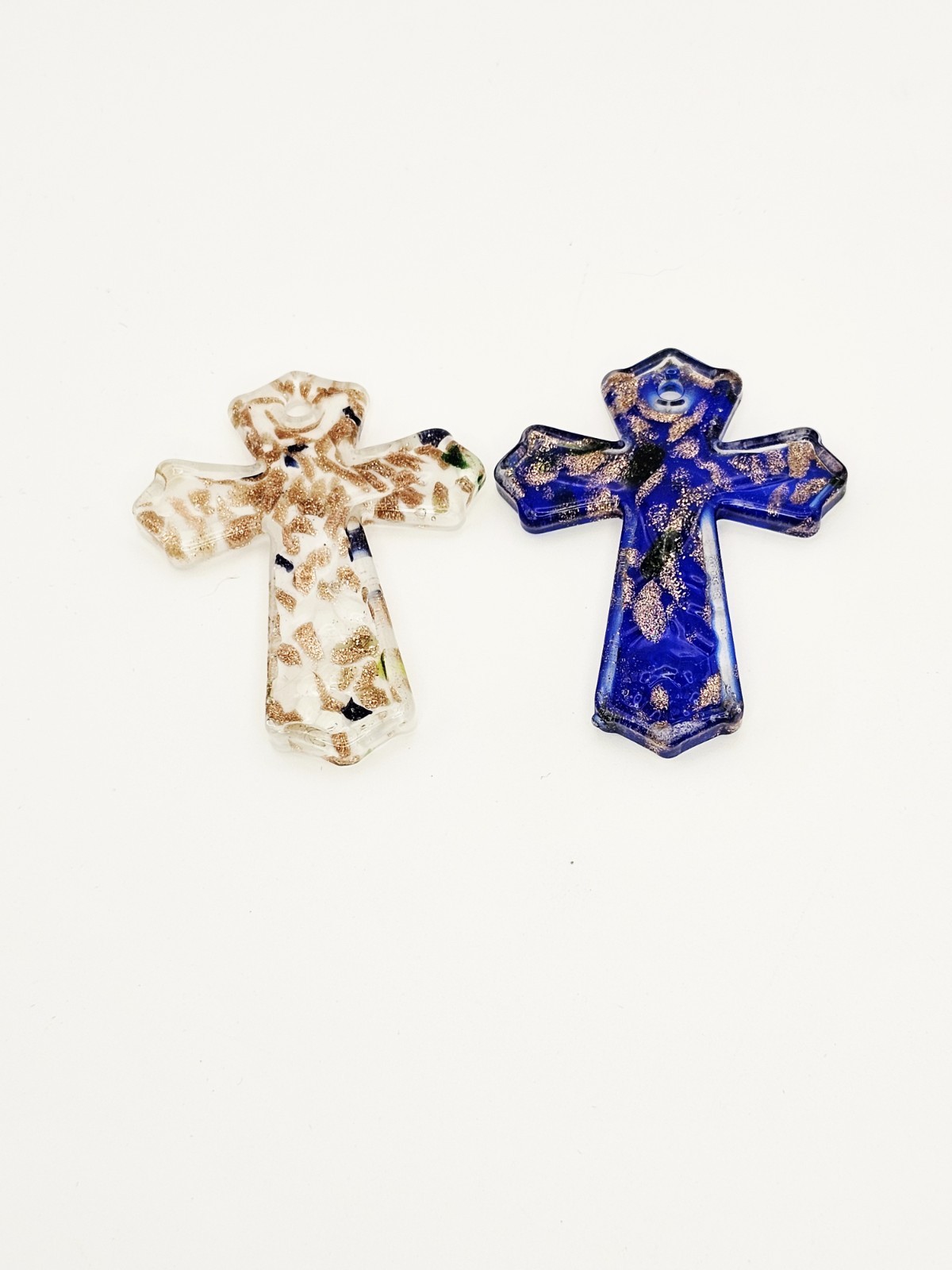 2 Handblown Art Glass Cross Set – White & Blue With Gold Glitter