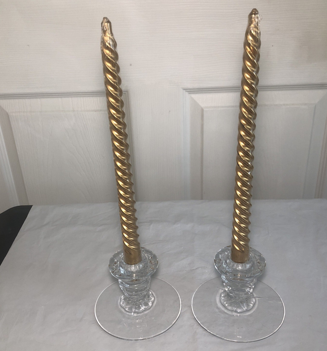 VTg set glass candle holders Fostoria American Cubist geometry Art Deco 1940-60