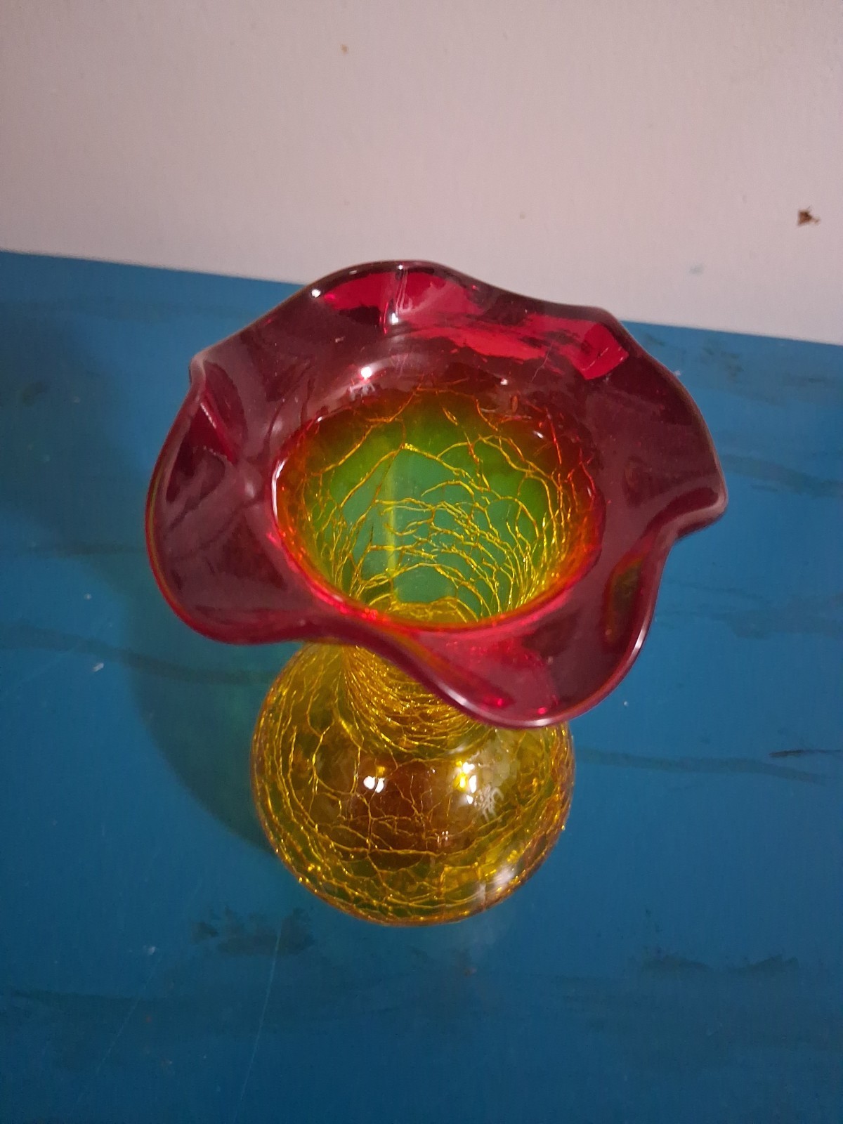 Amberina vintage small crackled Red and Yellow hand blown glass vase