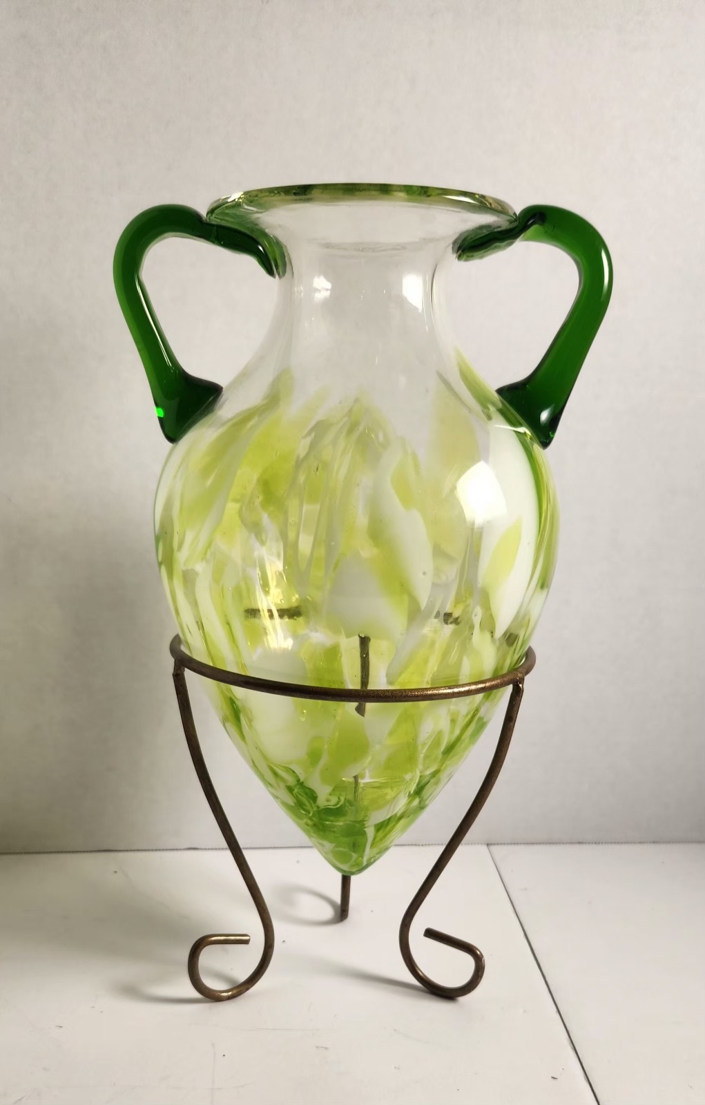 VTG Yalos Murano Glass Variegated Green Amphora Vase With Cast Iron Metal Stand