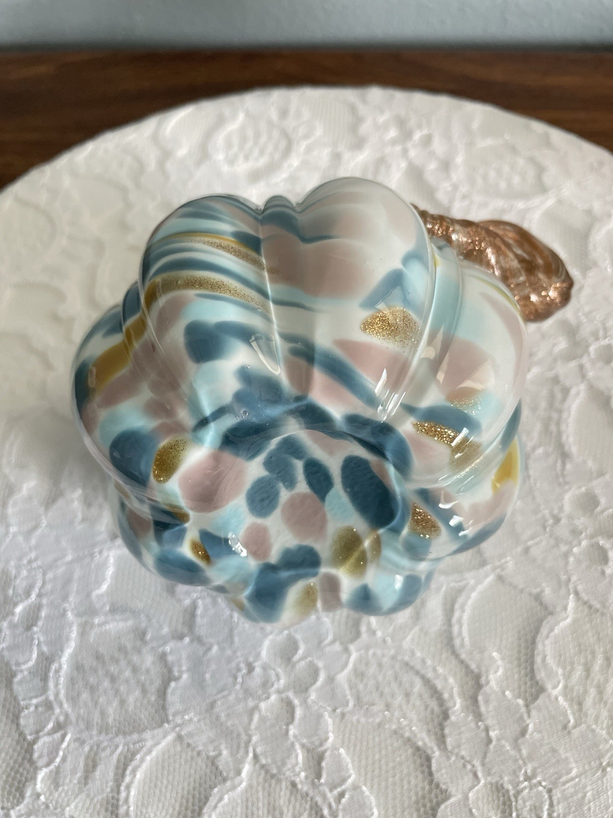 Art Glass Swirl Pumpkin Blue Mauve Gold Swirl with Gold Stem 4 in